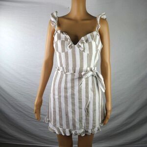 Saints + Secrets Striped Wrap Dress Ruffle Sleeveless Tan White Sweetheart Mod M